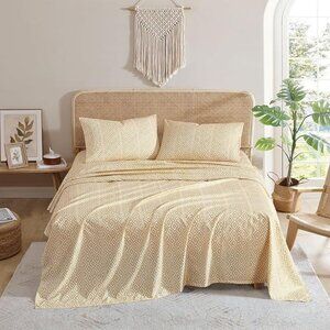 🆕King Bed Sheet Cream Medium Weight Matching Pillowcases Soft & Wrinkle Bed Set